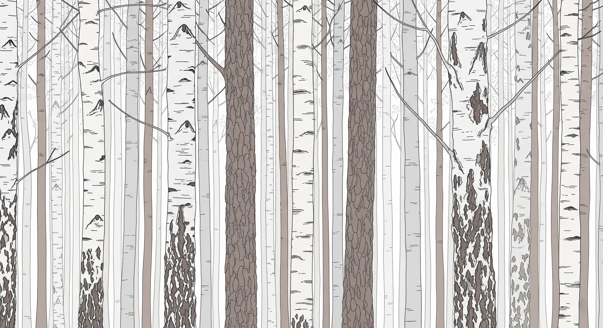Detailed birch forest mural wallpaper design pattern showing tree trunks by Kids-Mundo