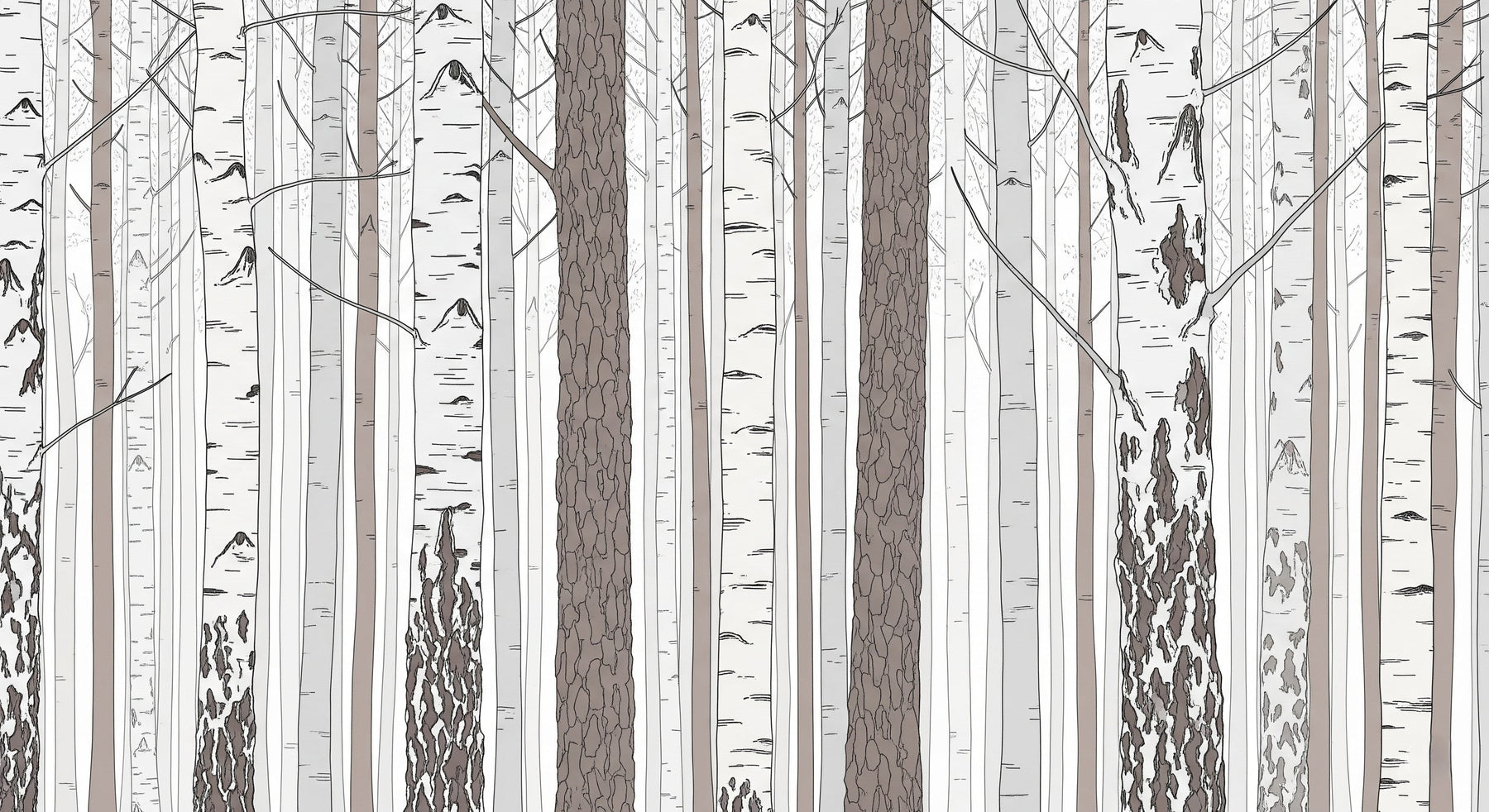 Detailed birch forest mural wallpaper design pattern showing tree trunks by Kids-Mundo