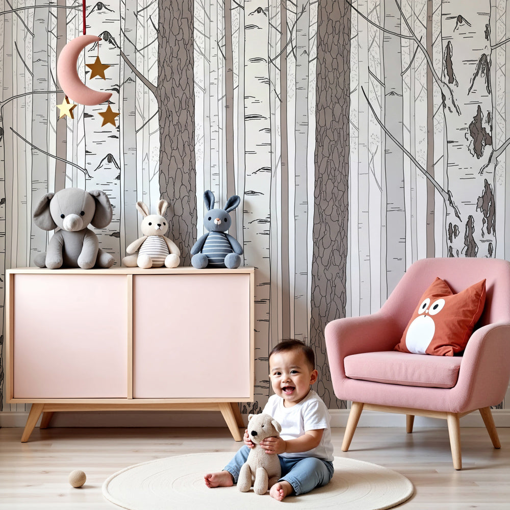 Birch forest mural wallpaper in modern nursery with natural wood crib by Kids-Mundo
