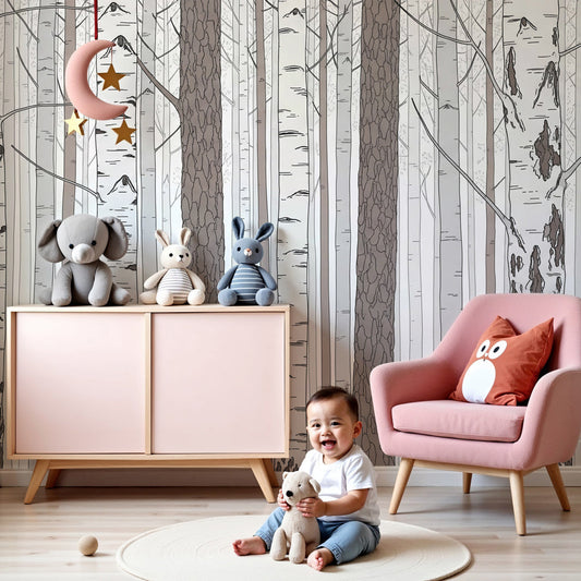 Birch forest mural wallpaper in modern nursery with natural wood crib by Kids-Mundo