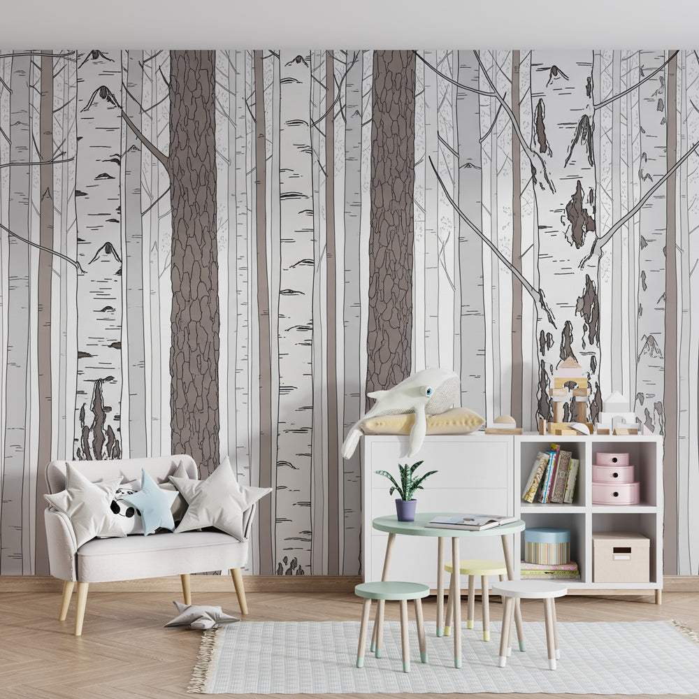 Woodland birch forest mural wallpaper in cozy toddler room with neutral decor