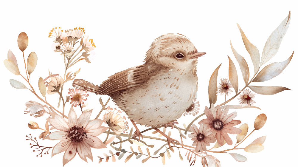 Detailed watercolor bird and floral mural wallpaper design pattern by Kids-Mundo