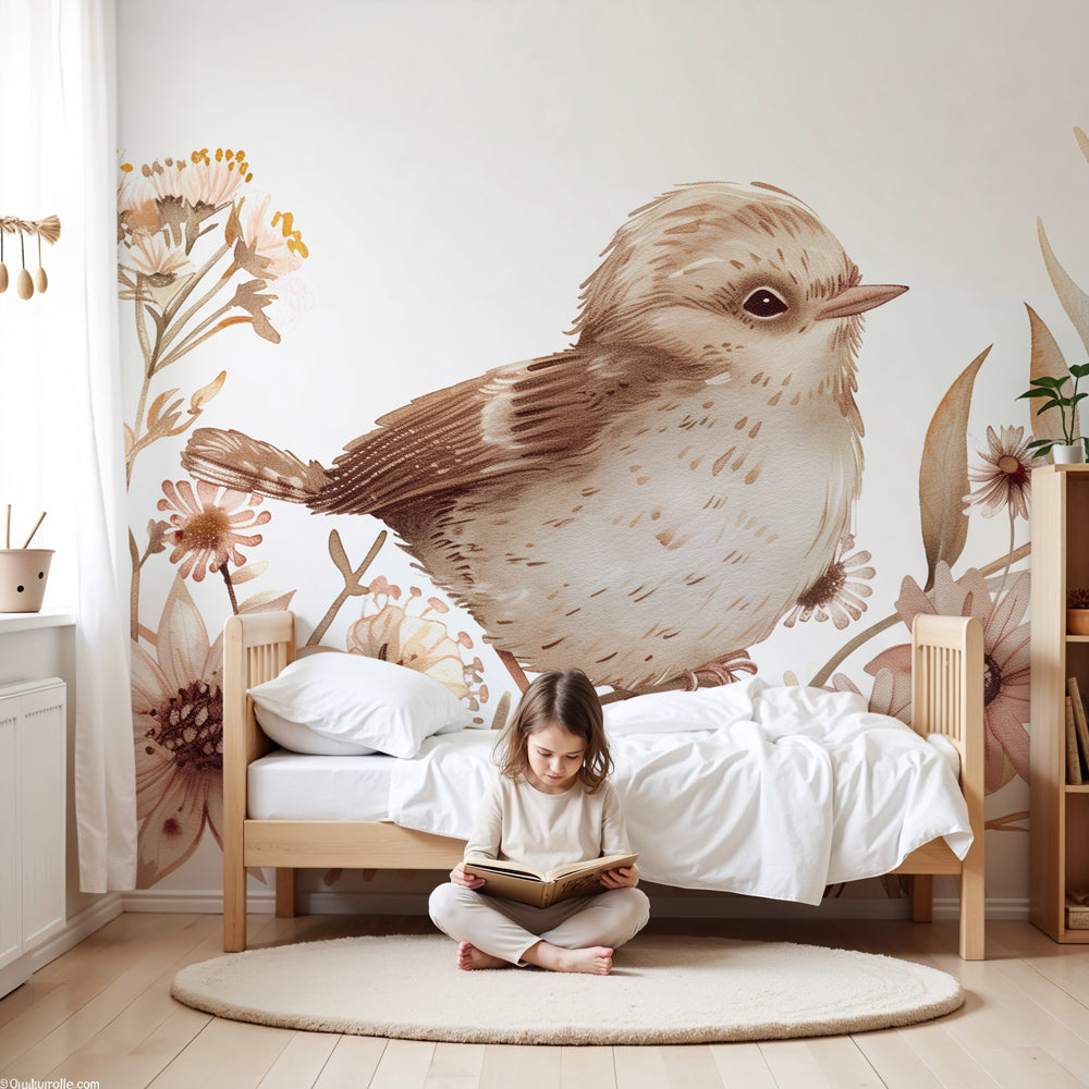 Watercolor bird and floral mural wallpaper in peaceful nursery setting by Kids-Mundo