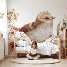 Watercolor bird and floral mural wallpaper in peaceful nursery setting by Kids-Mundo