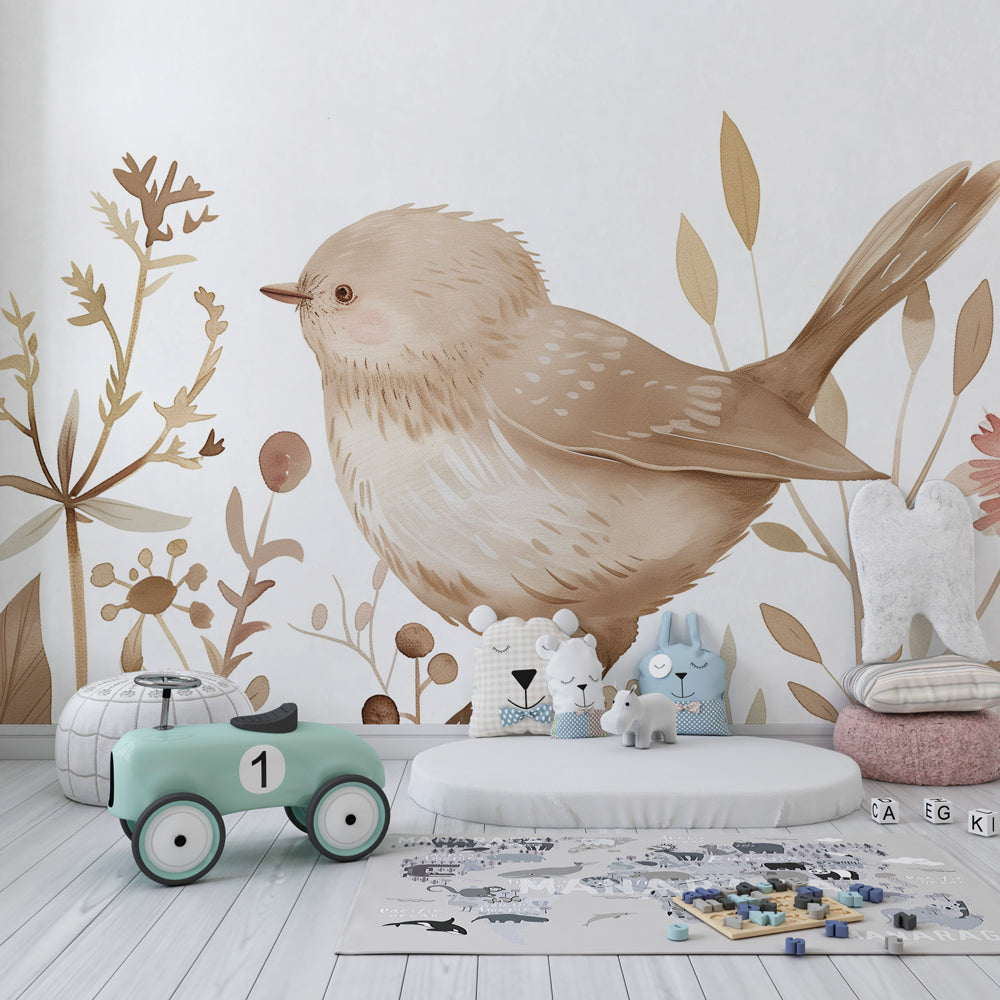 Nature-themed bird mural wallpaper with watercolor flowers for kids room by Kids-Mundo