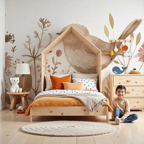 Watercolor bird garden mural wallpaper in peaceful nursery setting by Kids-Mundo