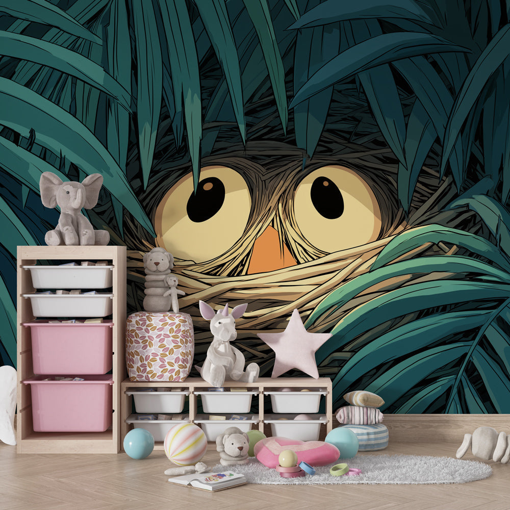 Lush tropical foliage mural wallpaper with cute birds for kids playroom by Kids-Mundo