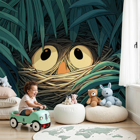 Tropical bird jungle mural wallpaper creating adventure-themed nursery decor by Kids-Mundo