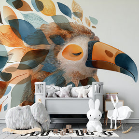 Tropical bird wallpaper creating serene atmosphere in children's bedroom with warm lighting