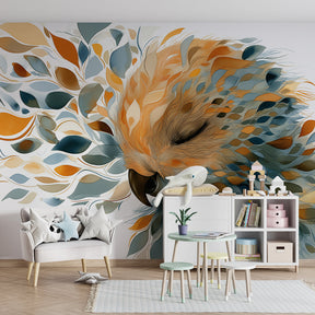 Close-up view of peaceful bird mural wallpaper showing detailed colorful foliage design