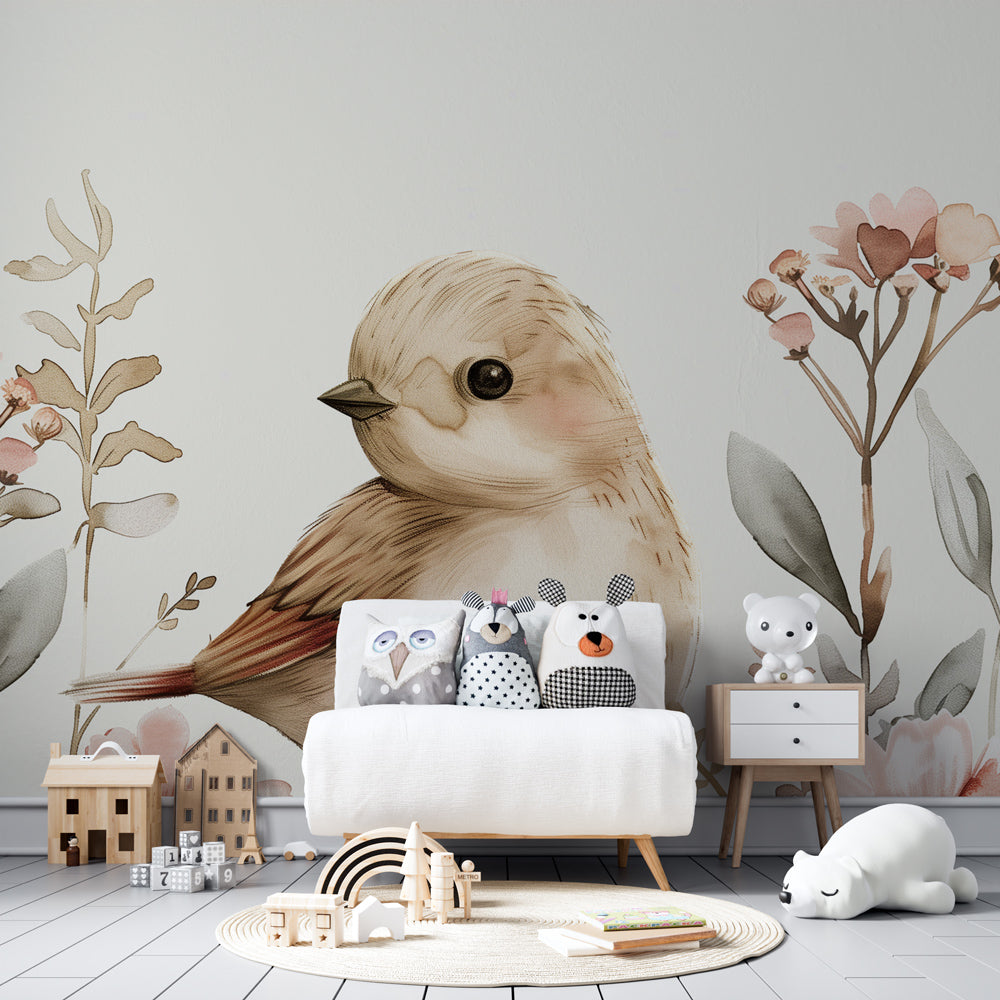 Pastel watercolor bird mural wallpaper complementing natural nursery decor