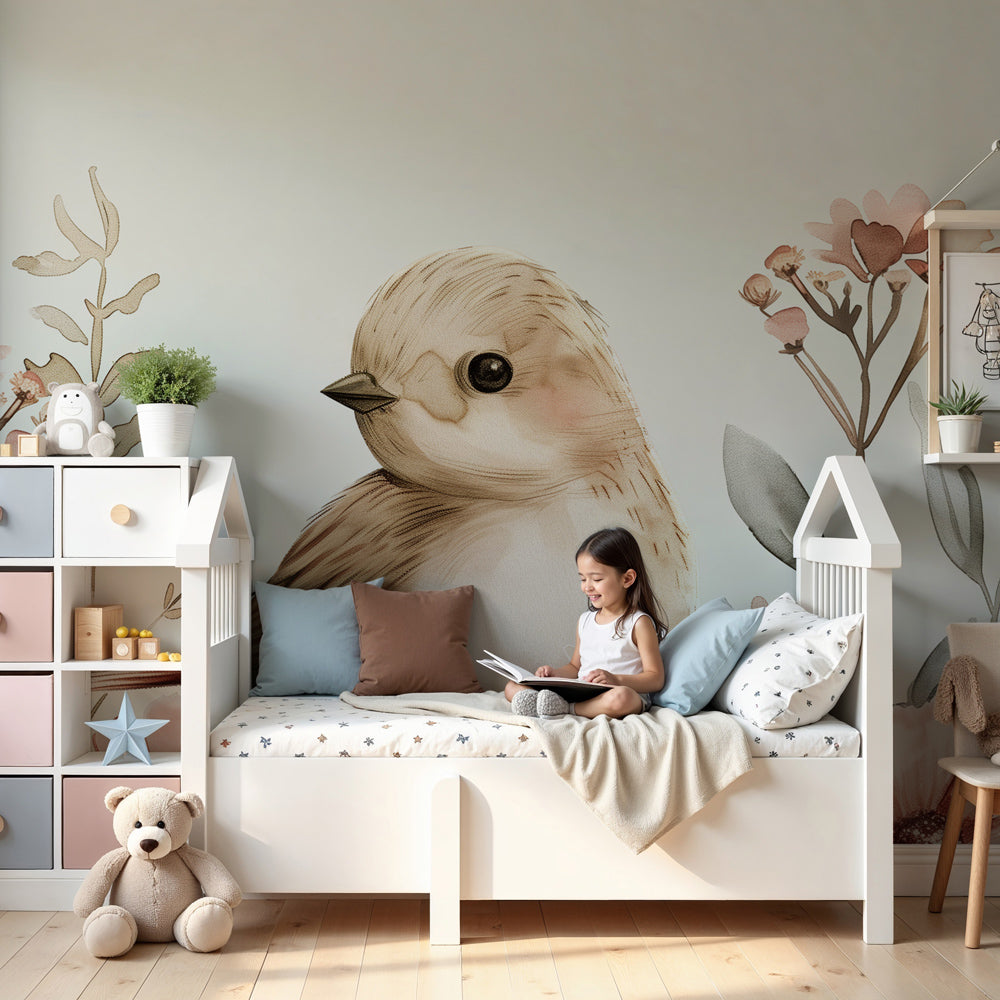 Watercolor bird mural wallpaper with pastel flowers in modern nursery by Kids-Mundo