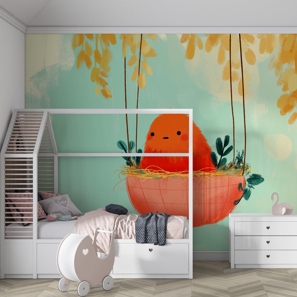 Bird nursery wallpaper creating serene atmosphere in soft blue and yellow themed baby room