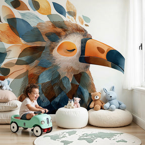 Luminous bird and foliage mural wallpaper in modern nursery with natural wood furniture by Kids-Mundo