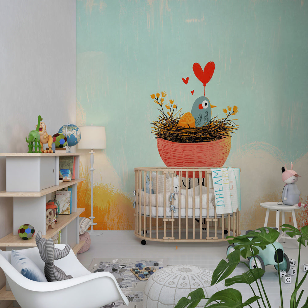 Gentle bird nest mural wallpaper transforming toddler bedroom into magical nature sanctuary