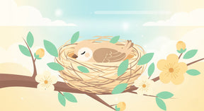 Detailed sleeping bird nest mural wallpaper design pattern with yellow flowers by Kids-Mundo