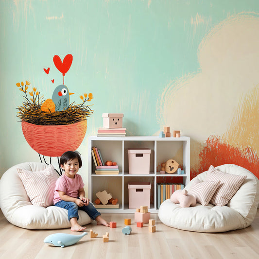 Bird nest mural wallpaper in peaceful baby nursery with natural wood crib by Kids-Mundo