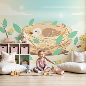Bird nest mural wallpaper creating peaceful atmosphere in modern nursery room by Kids-Mundo