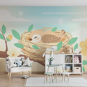 Soft pastel bird nest wallpaper enhancing cozy kids room with natural wood furniture