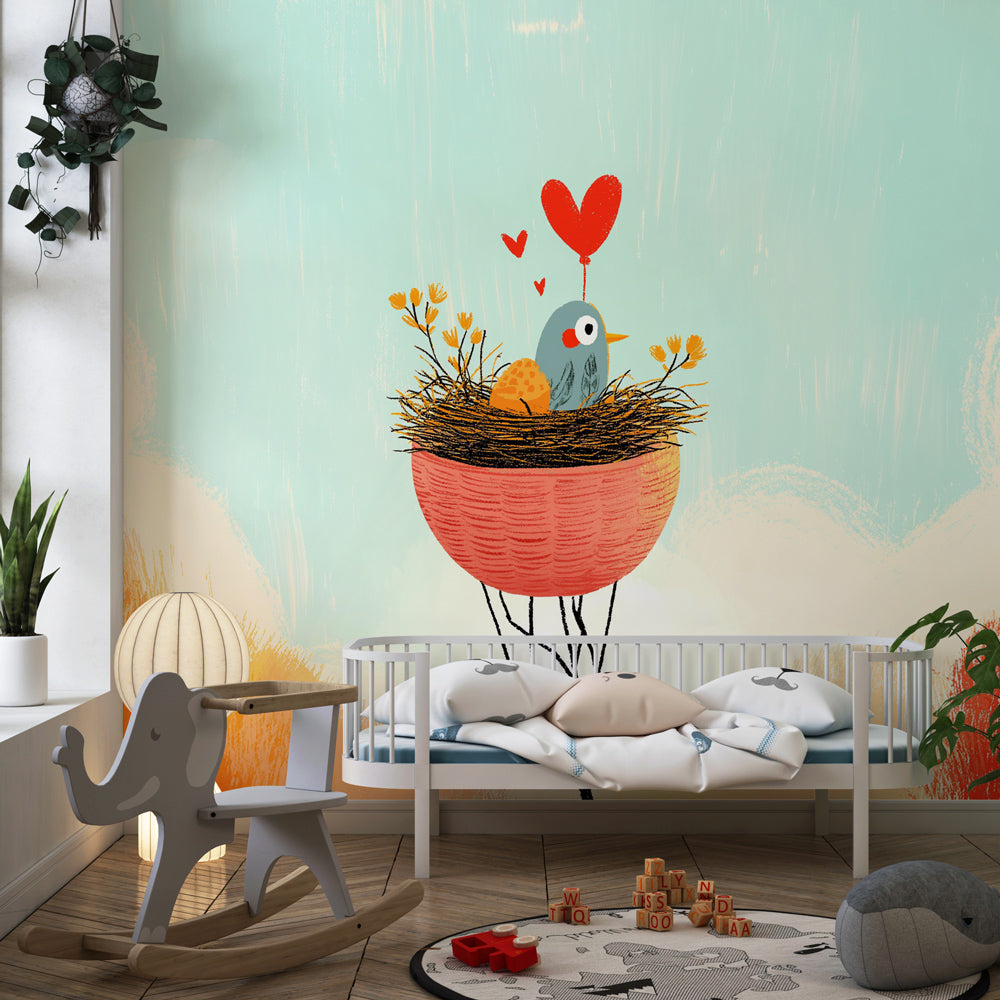 Loving bird nest wallpaper creating serene nursery atmosphere with delicate flowers and hearts