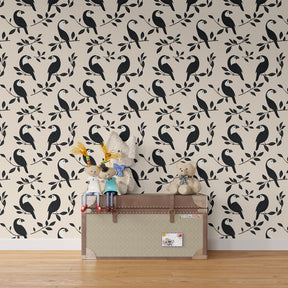 Nature-themed bird wallpaper creating calm atmosphere in kids playroom with elegant beige tones