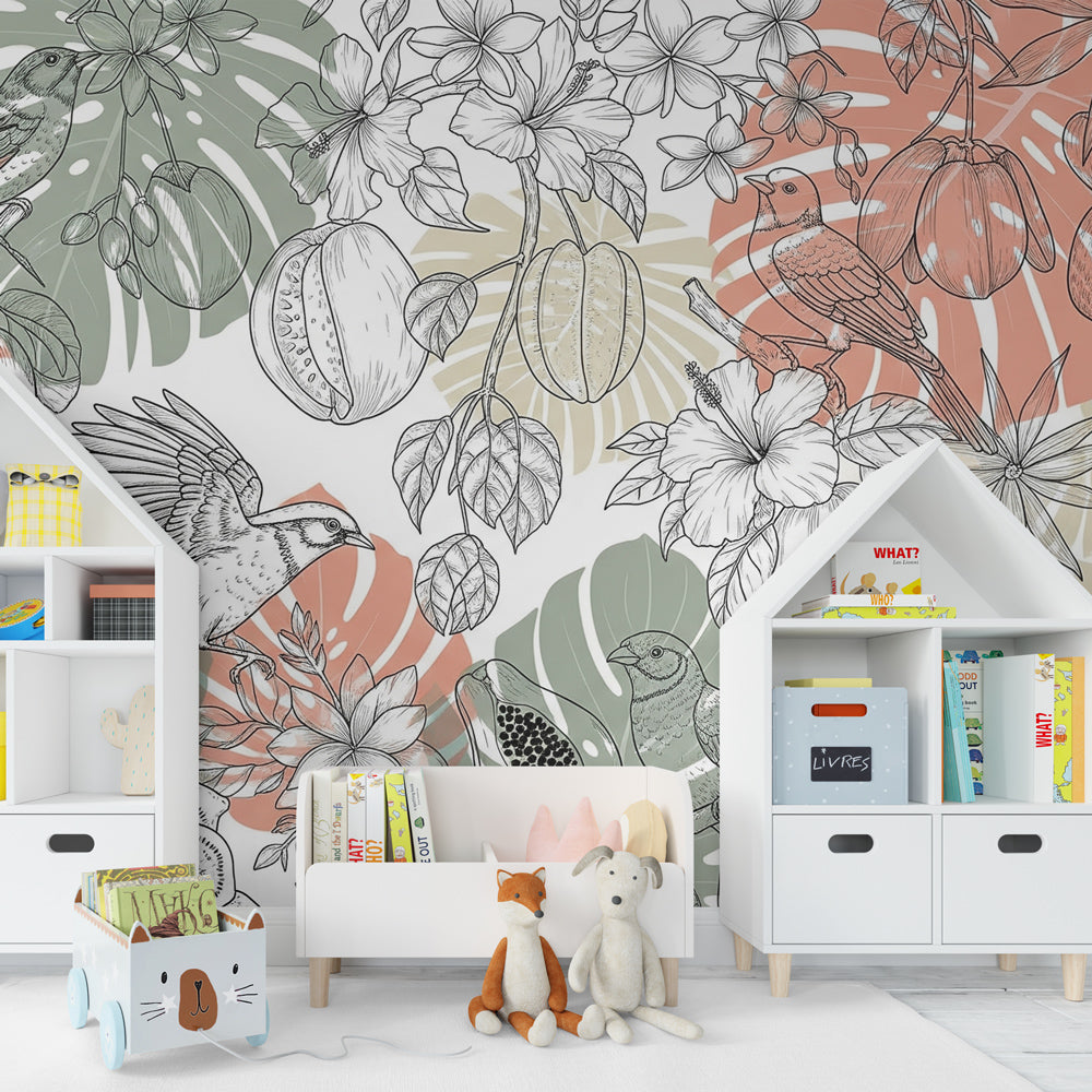 Nature-inspired birds mural wallpaper transforming kids playroom into tropical paradise