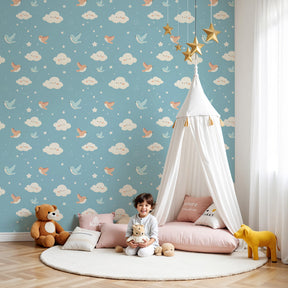 Birds and clouds mural wallpaper creating serene blue sky atmosphere in modern nursery by Kids-Mundo