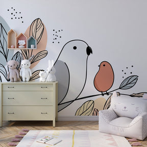 Nature-themed bird mural wallpaper for kids room with gentle gray and orange bird design