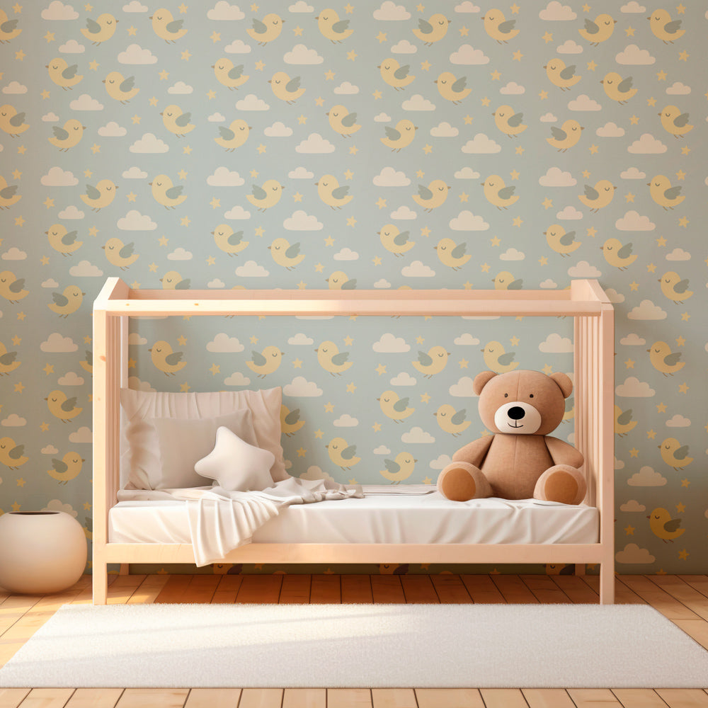 Whimsical bird wallpaper transforming kids bedroom with soft sky theme and twinkling stars