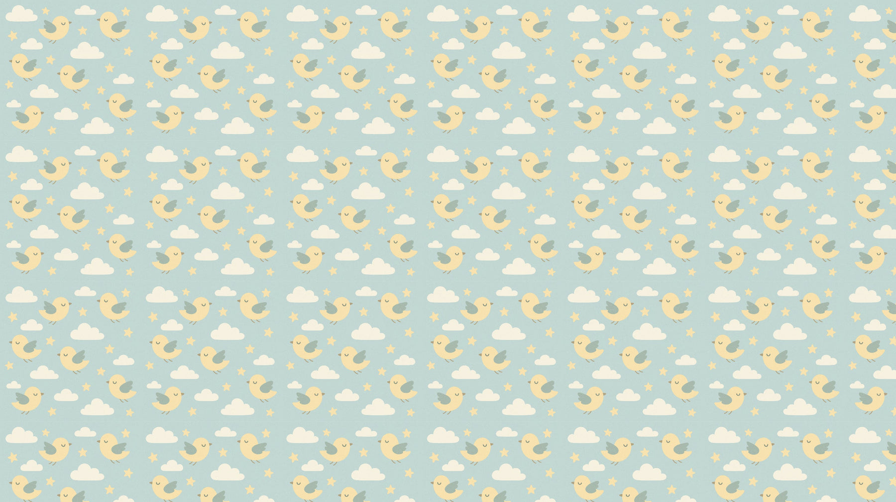 Detailed birds mural wallpaper design pattern showing smiling characters and cloud motifs by Kids-Mundo