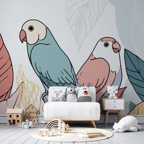 Nature-themed bird wallpaper transforming children's bedroom with pastel foliage design