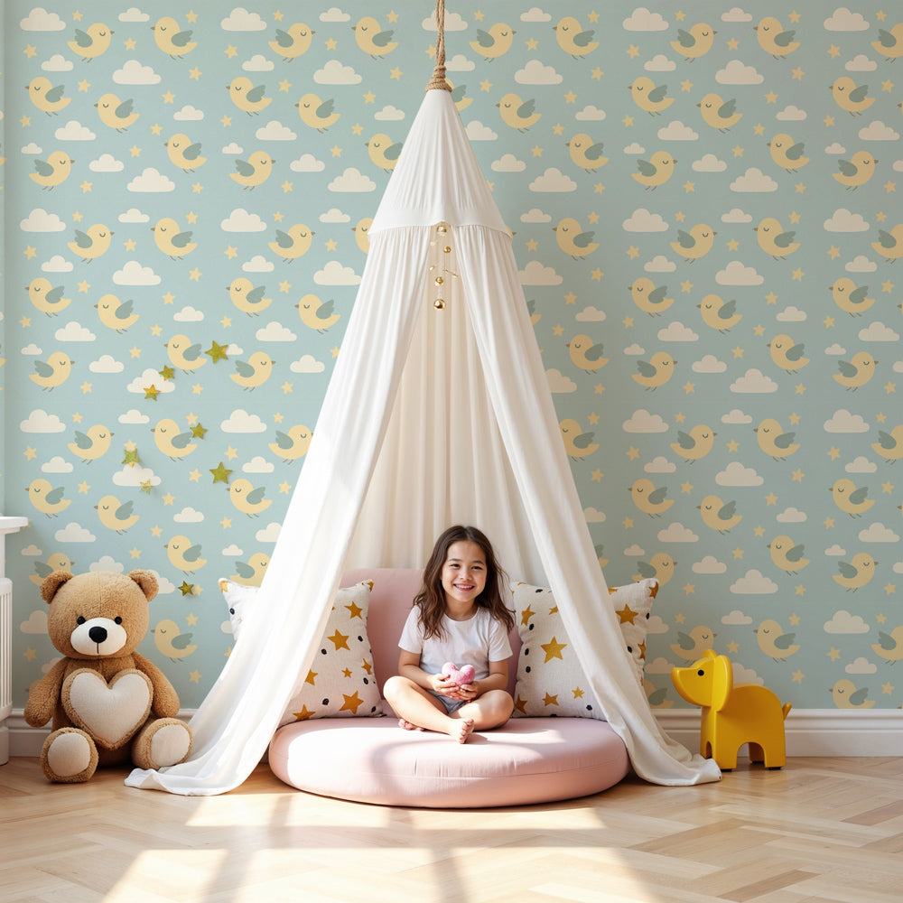 Birds mural wallpaper with smiling characters creating peaceful nursery decor by Kids-Mundo
