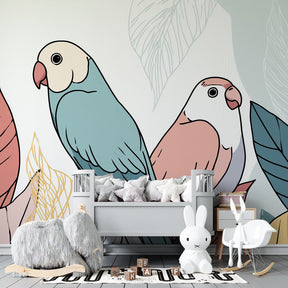 Birds and leaves mural wallpaper creating magical natural environment in kids playroom