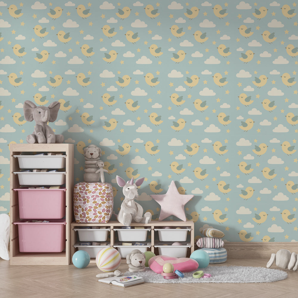 Sky adventure mural wallpaper featuring cheerful birds in pale yellow children's playroom