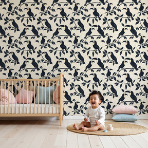 Colorful bird mural wallpaper creating tropical paradise atmosphere in modern kids nursery by Kids-Mundo