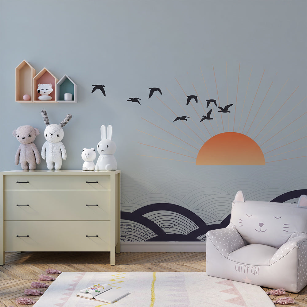 Kids-Mundo minimalist bird sunset wall mural styled in a bright playroom space.
