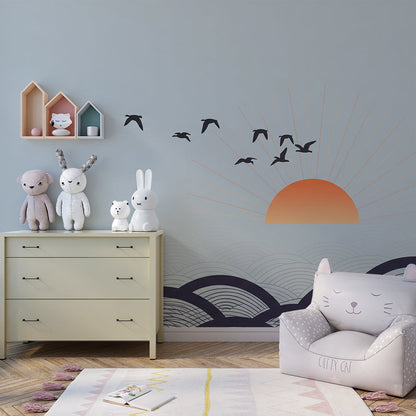 Kids-Mundo minimalist bird sunset wall mural styled in a bright playroom space.