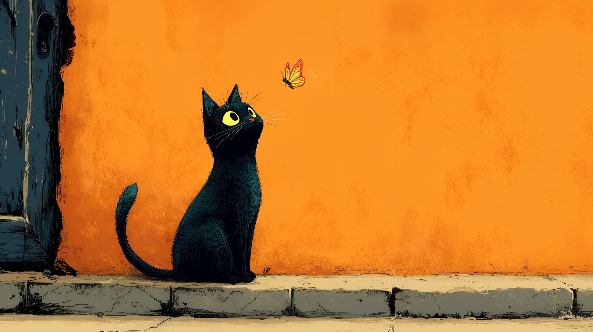 Kids-Mundo flat artwork of a black cat watching an orange butterfly against a warm orange wall