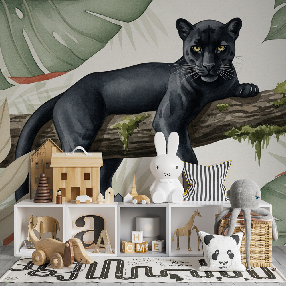 Kids-Mundo black panther wall mural on a mossy branch shown in a child's bedroom