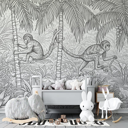 Kids-Mundo monochrome jungle monkey wall mural covering a kids bedroom wall
