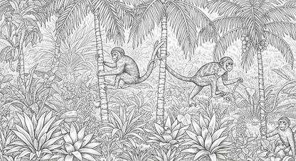 Kids-Mundo flat artwork of black and white monkeys climbing through a detailed jungle scene