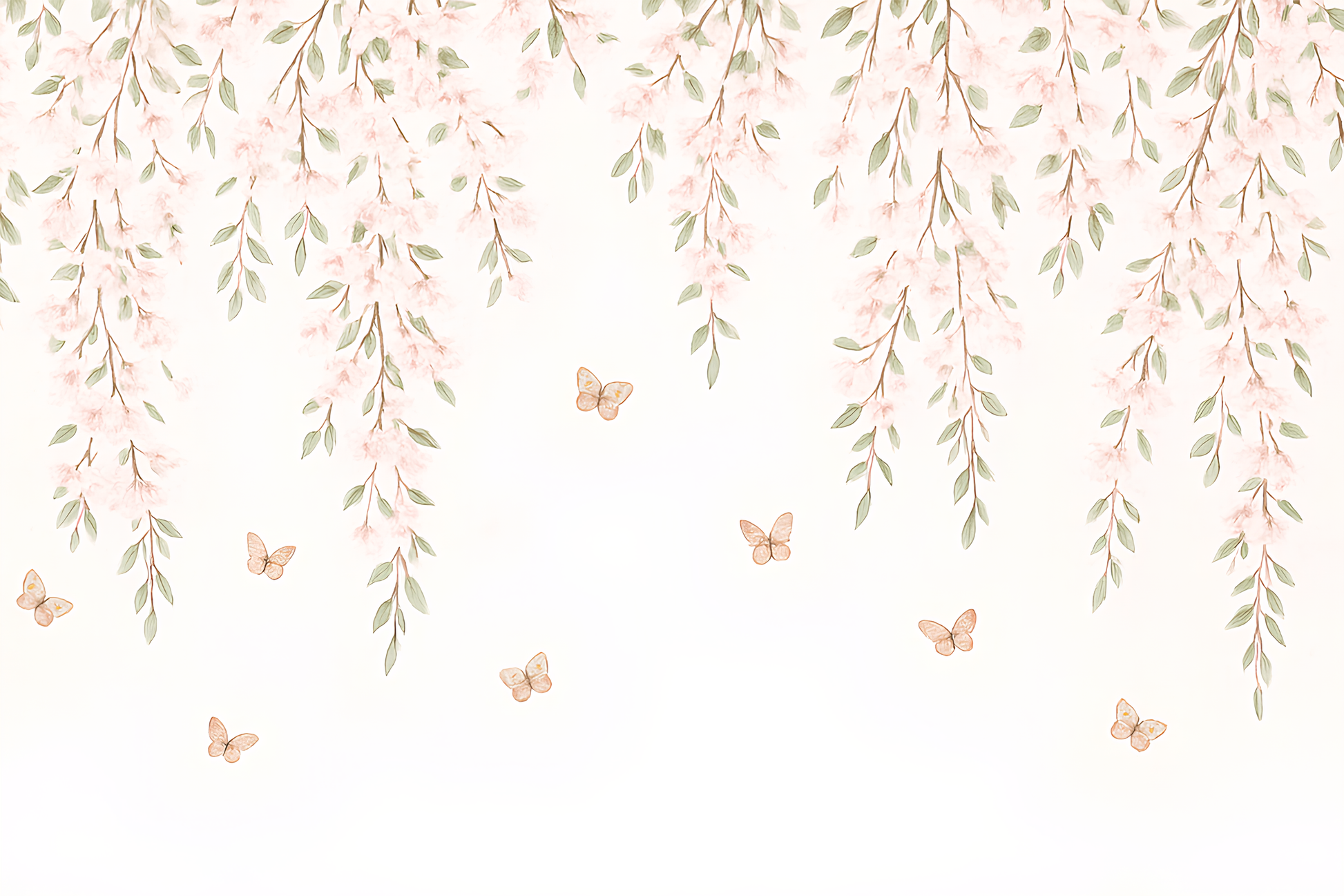 Kids-Mundo flat artwork preview of the pink blossom branches and butterflies wall mural design