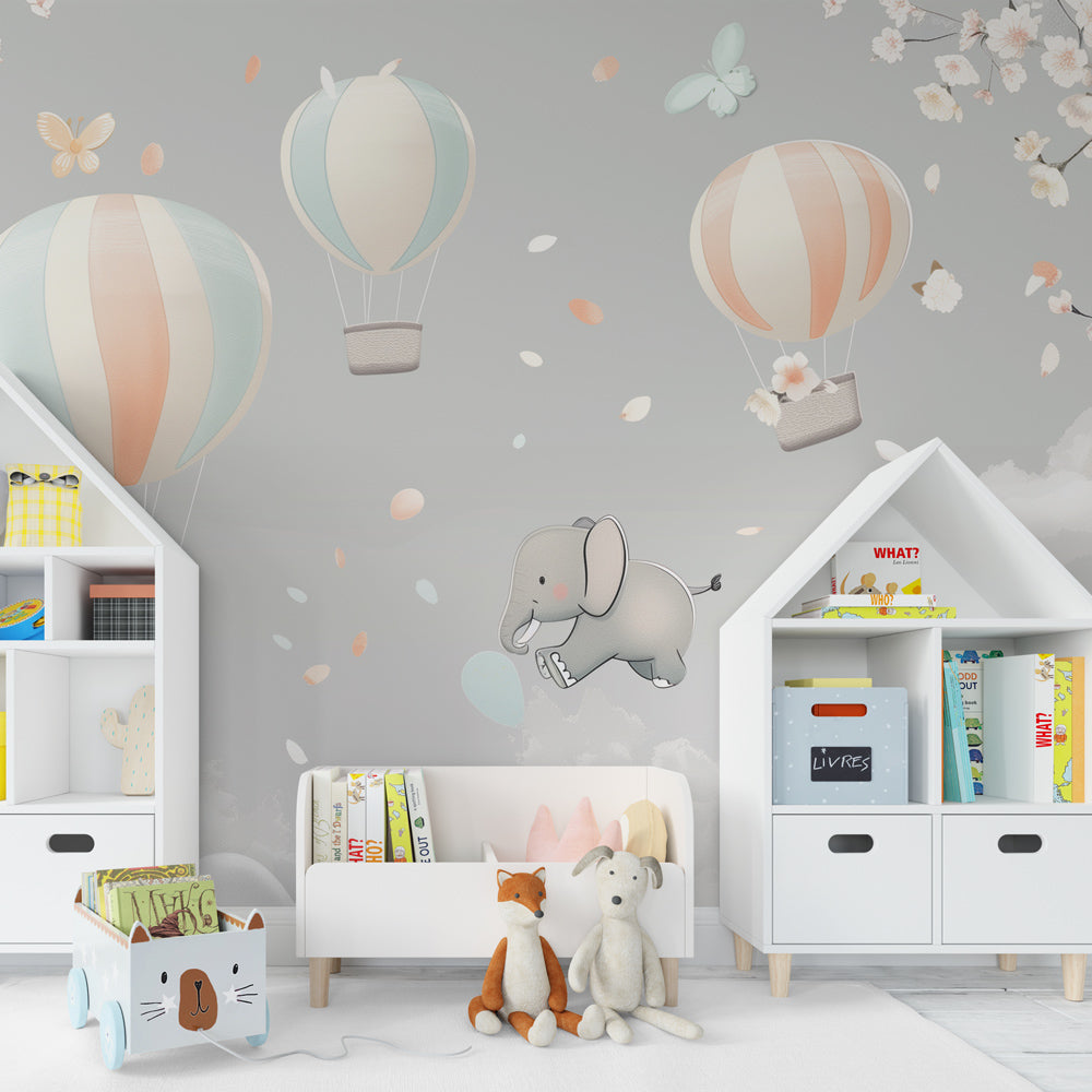 Kids-Mundo elephant balloon wall mural with blossom in a playroom feature wall