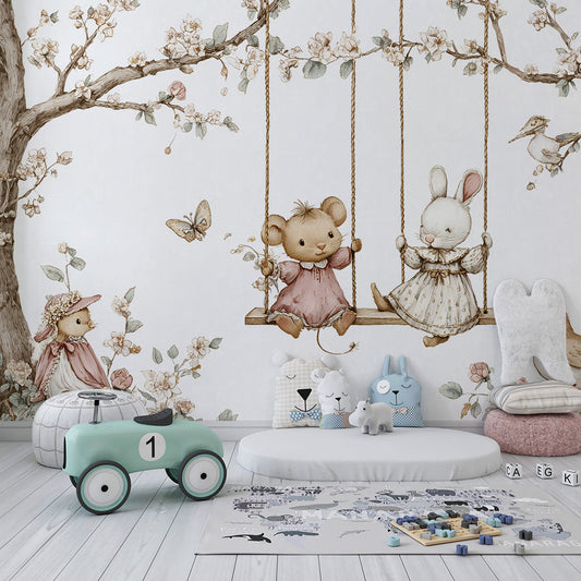 Kids-Mundo blossom tree mural on a kids bedroom wall, creating a calm storybook backdrop for a toddler bed.