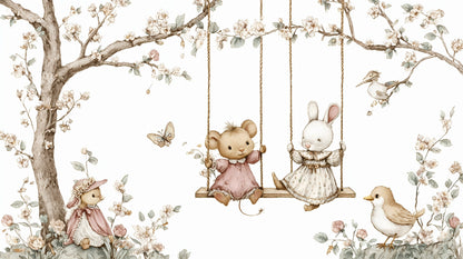 Kids-Mundo flat artwork of a mouse and rabbit swinging beneath a blossom tree with woodland friends nearby.