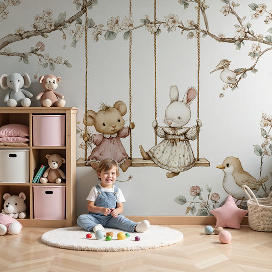 Kids-Mundo mouse and rabbit blossom swing wall mural styled in a soft pastel nursery with cot and soft furnishings.
