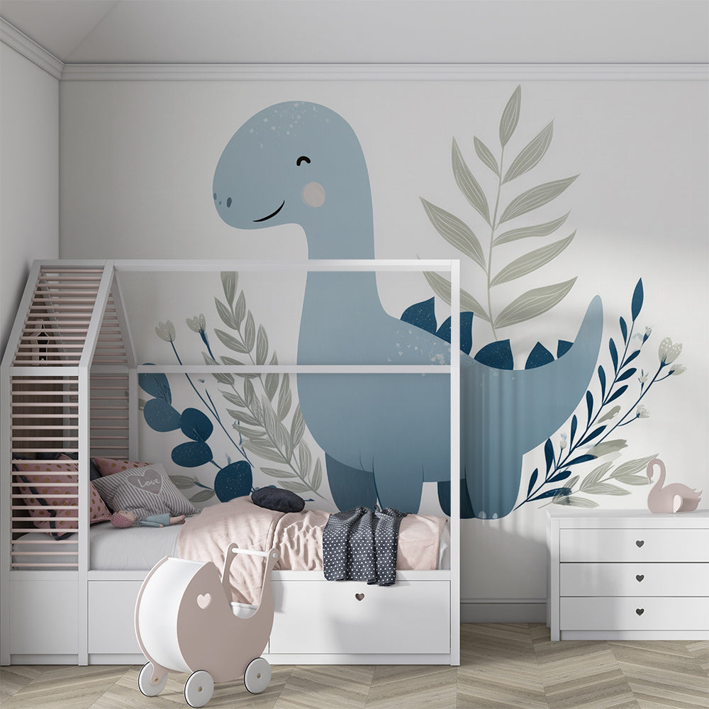 Kids-Mundo blue dinosaur wall mural shown on a feature wall in a calm kids bedroom with wooden bed frame