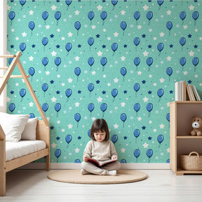 Blue balloons mural wallpaper with sparkling stars in modern nursery room by Kids-Mundo