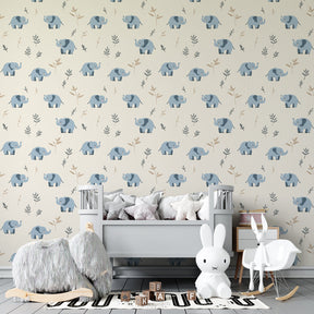 Safari elephant wallpaper creating peaceful children's bedroom decor with botanical elements