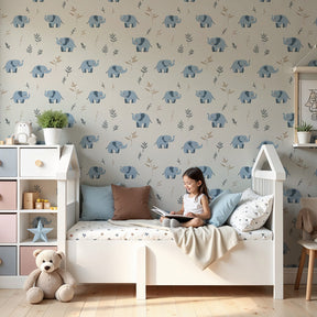 Blue elephant mural wallpaper in modern nursery with natural wood furniture by Kids-Mundo
